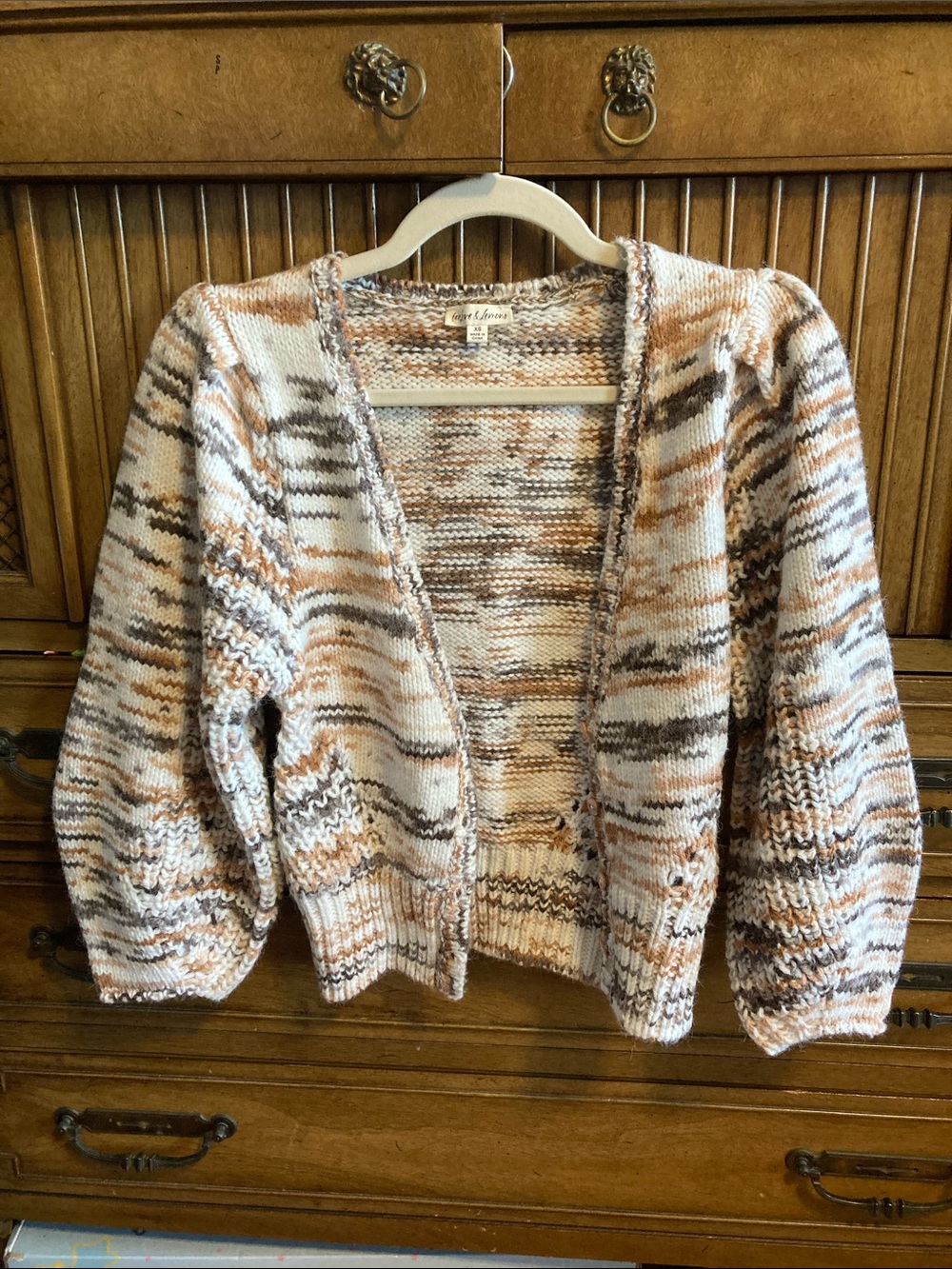 For Love And Lemons Multicolor Knit Open-Front Cardigan in Cream, Tan, and Brown